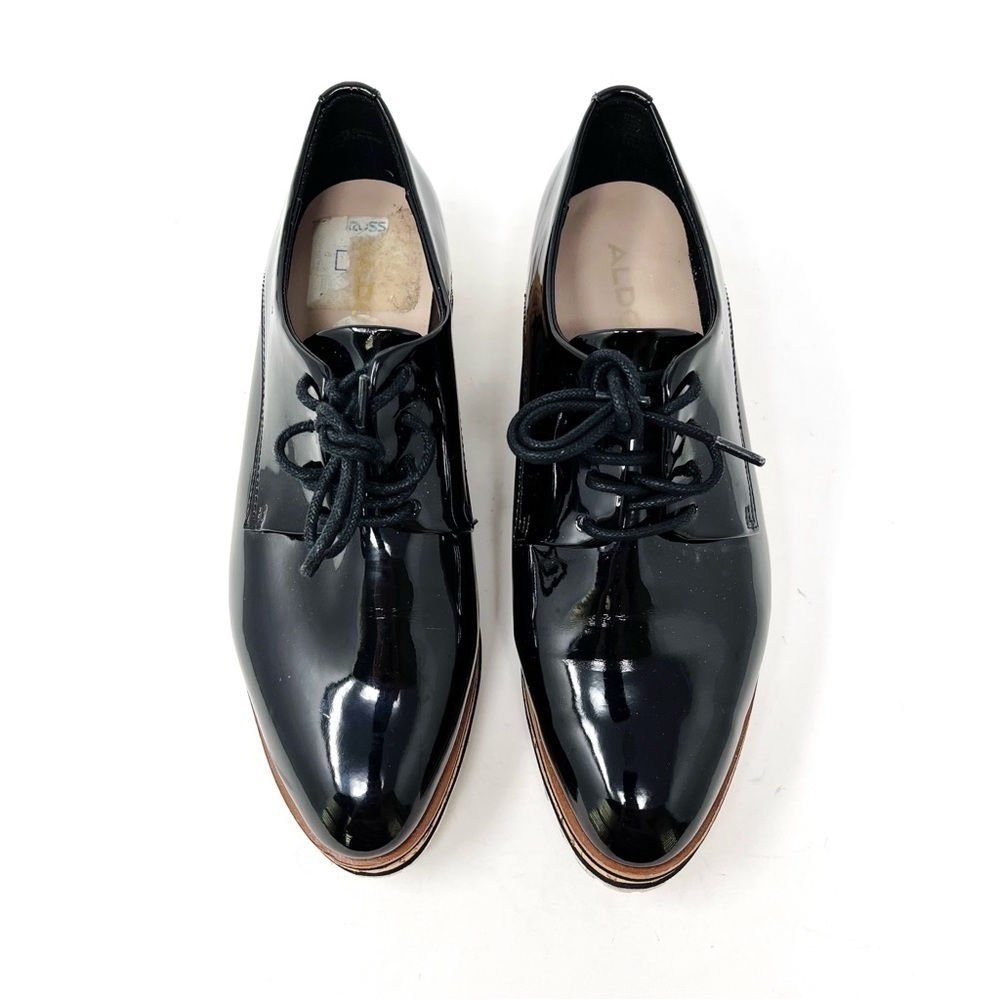 Aldo Striped Platform Black Patent Polyurethane Oxford Lace Up Almond Toe Size 7